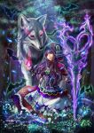  1girl absurdres bat big_bad_wolf_(grimm) breasts burning_eyes cleavage cleavage_cutout corset dark_persona evil_smile fire flower highres hood kazunehaka little_red_riding_hood little_red_riding_hood_(grimm) moonlight night purple_hair red_eyes scissors sitting skirt skirt_set slit_pupils smile tree wolf wrist_cuffs 