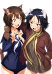  2girls :d animal_ears black_hair blue_eyes brave_witches brown_eyes brown_hair gloves grin highres multiple_girls open_mouth short_hair smile ulrich_(tagaragakuin) world_witches_series 