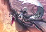  1girl armor banner blonde_hair clouds dragon fate/grand_order fate_(series) headpiece jeanne_alter riding ruler_(fate/apocrypha) short_hair solo standard_bearer takanashi_ichigo thigh-highs thighs type-moon yellow_eyes 