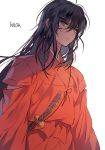  1boy artist_name black_hair blood blood_on_face closed_mouth hair_between_eyes inuyasha inuyasha_(character) japanese_clothes katana long_hair looking_at_viewer male_focus messy_hair serious solo sukja sword weapon white_background yellow_eyes 