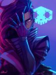  1girl absurdres asymmetrical_hair hand_over_face high_collar highres looking_at_viewer mole mole_under_eye overwatch smile solo sombra_(overwatch) upper_body violet_eyes wallace_pires 