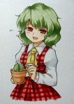  1girl :d absurdres ascot blush cactus collared_shirt flying_sweatdrops green_hair happy highres kazami_yuuka looking_at_viewer miniskirt open_mouth plaid plant potted_plant red_eyes sasa_kichi scan shirt short_hair skirt skirt_set smile solo touhou traditional_media vest 