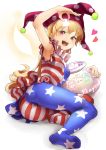  1girl american_flag_dress american_flag_legwear armpits ass blonde_hair clownpiece dress hakurei_reimu hat heart jester_cap kirisame_marisa kochiya_sanae long_hair lying neck_ruff on_side open_mouth pantyhose pink_eyes reido1177 reisen_udongein_inaba short_dress sleeveless sleeveless_dress touhou upskirt very_long_hair 