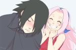  1boy 1girl bare_shoulders blue_background blush clenched_hands cloak closed_eyes forehead_protector grin hair_over_one_eye haruno_sakura lips long_hair naruto pale_skin pink_hair risuo simple_background smile time_paradox twitter_username uchiha_sasuke upper_body 