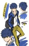  1boy bag blue_hair blue_jacket collarbone color_guide full_body hands_in_pockets highres jacket jewelry long_sleeves looking_at_viewer original pants pendant projected_inset serious shimo_(s_kaminaka) shirt shoulder_bag solo translation_request white_shirt yellow_eyes yellow_pants 