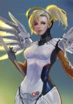 1girl blonde_hair blue_background blue_eyes bodysuit breasts brown_legwear cowboy_shot ears faulds glint gradient gradient_background green_background high_ponytail holding holding_staff lion_(dielion) lips looking_at_viewer mechanical_halo mechanical_wings medium_breasts mercy_(overwatch) nose overwatch parted_lips smile solo spread_wings staff swiss_flag wings yellow_wings 