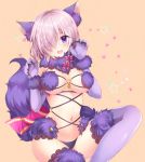  1girl animal_costume animal_ears bangs bare_shoulders blush breasts claw_pose claws cleavage elbow_gloves eyebrows eyebrows_visible_through_hair eyes_visible_through_hair fate/grand_order fate_(series) gloves hair_over_one_eye halloween halloween_costume large_breasts looking_at_viewer navel nogi_takayoshi o-ring_top open_mouth purple_hair shielder_(fate/grand_order) short_hair smile solo tail thigh-highs violet_eyes wolf_costume wolf_ears wolf_tail 