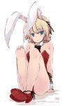  1girl animal_ears ankle_ribbon arm_support bangs bare_legs bare_shoulders blonde_hair blue_eyes blush body_blush bow bowtie braid breasts bunnysuit collarbone commentary_request darjeeling detached_collar fake_animal_ears girls_und_panzer hair_between_eyes hair_ornament hairband hand_on_own_knee legs leotard looking_at_viewer mary_janes medium_breasts rabbit_ears red_leotard red_shoes ribbon shoes short_hair simple_background sitting smile solo thighs tied_hair twin_braids white_background wrist_cuffs yumesato_makura 