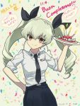  1girl 2016 akitsuchi_shien anchovy black_ribbon breasts brown_eyes confetti dated drill_hair food fruit girls_und_panzer green_hair hair_ribbon hand_on_hip happy_birthday italian necktie ribbon smile solo strawberry translation_request twintails uniform 