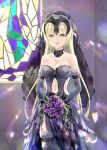  1girl bare_shoulders black_wedding_dress blonde_hair blue_eyes bouquet breasts bridal_veil bride cleavage elbow_gloves fate/apocrypha fate_(series) flower gloves jeanne_alter large_breasts long_hair navel_cutout priyaphr ruler_(fate/apocrypha) solo stained_glass thigh-highs veil wedding 