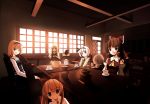  4girls alice_margatroid ascot black_ribbon bow chair clere closed_mouth cup detached_sleeves dress hair_bow hair_ribbon hair_tubes hairband hakurei_reimu hat hat_bow hat_removed headwear_removed indoors japanese_clothes kirisame_marisa konpaku_youmu lolita_hairband long_hair long_sleeves looking_at_viewer miko multiple_girls red_bow ribbon sash shanghai_doll shirt short_hair sitting smile sunlight table tea teacup teapot touhou vest white_bow witch_hat 