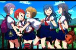  5girls bag black_hair blue_hair blush braid brown_hair canteen hum_desu ibuki_tsubasa idolmaster idolmaster_million_live! julia_(idolmaster) letterboxed long_hair makabe_mizuki multiple_girls nanao_yuriko open_mouth pleated_skirt purple_hair red_eyes school_uniform serafuku short_hair skirt smile star striped striped_legwear takayama_sayoko yellow_eyes 