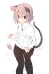  1girl akagashi_hagane animal_ears brown_eyes crotch_seam hand_on_own_knee light_brown_hair long_sleeves mouse mouse_ears mouse_tail nazrin on_bed pantyhose short_hair sitting sleeves_past_wrists smile solo sweater tail touhou white_sweater 