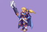  1boy abysswolf blonde_hair blue_eyes cape edgar_roni_figaro final_fantasy final_fantasy_vi hand_on_hip long_hair pixel_art ponytail purple_background saw tied_hair wrist_guards 