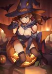  1girl bare_shoulders bat bat_wings black_gloves black_legwear blue_eyes boots breasts brown_hair candy cape checkered checkered_floor cleavage commentary_request elbow_gloves gloves halloween halloween_costume hat highres jack-o&#039;-lantern large_breasts leotard lollipop looking_at_viewer pumpkin sitting solo tetsuo_(amenohutikoma) thigh-highs twintails wings witch_hat 