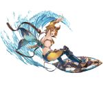  1girl animal_ears brown_hair erun_(granblue_fantasy) full_body granblue_fantasy green_eyes hairband looking_at_viewer looking_back minaba_hideo open_mouth simple_background skin_tight smile solo surf surfboard surfing water white_background 