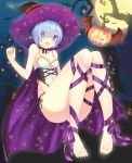  1girl aimee_(origin) alternate_costume bare_tree blue_hair breasts cape cleavage corset eyes_visible_through_hair full_moon hair_over_one_eye halloween halloween_costume hat highres jack-o&#039;-lantern looking_at_viewer midriff moon navel night night_sky panties pumpkin purple_ribbon re:zero_kara_hajimeru_isekai_seikatsu rem_(re:zero) ribbon short_hair side-tie_panties sky solo star star_(sky) star_print starry_sky tree underwear wand witch_hat 