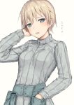  1girl :o belt_pouch blonde_hair blue_eyes blush brave_witches breasts commentary_request furukawa_wanosuke hand_on_own_head long_sleeves looking_at_viewer military military_uniform nikka_edvardine_katajainen ribbed_sweater short_hair simple_background solo sweater text translation_request turtleneck uniform white_background world_witches_series 