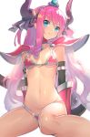  1girl aguy armor bikini_armor blue_eyes blush breasts curled_horns elizabeth_bathory_(fate/grand_order) fate/grand_order fate_(series) gauntlets horns jewelry lancer_(fate/extra_ccc) long_hair navel pauldrons pink_hair pointy_ears sitting small_breasts smile solo tail wariza white_background 