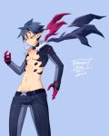  1boy 2016 aoi_taishi belt blue blue_background blue_hair blue_pants character_name choker copyright_name cowboy_shot cropped_jacket dated disgaea frown gloves highres killia_(disgaea) makai_senki_disgaea_5 male_focus pants pointy_ears shirtless signature solo typo wings yellow_eyes 