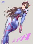  1girl acronym alternate_eye_color animal_ears arm_behind_back artist_name ass axent_wear bangs bodysuit boots bracer breasts brown_hair cat_ear_headphones cat_ears character_name closed_mouth cowboy_shot d.va_(overwatch) eyelashes facepaint facial_mark from_behind gloves gun handgun headphones highres holding holding_gun holding_weapon knees_together_feet_apart long_hair long_sleeves looking_back overwatch ozma pauldrons pilot_suit pink_lips pointing pointing_at_viewer ribbed_bodysuit shoulder_pads simple_background skin_tight skindentation small_breasts smile solo standing standing_on_one_leg swept_bangs thigh-highs thigh_boots thigh_strap transparent_background turtleneck violet_eyes weapon whisker_markings white_boots white_gloves 