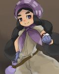  1girl absurdres black_hair blush brown_background curly_hair gloves hapu_(pokemon) hat highres long_hair matinmorgen poke_ball pokemon pokemon_(game) pokemon_sm solo violet_eyes 