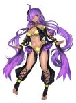  1girl alternate_color breasts cleavage dark_skin detached_sleeves fang gourgeist hair_over_one_eye highres horn katagiri_hachigou long_hair navel open_mouth personification pointy_ears pokemon purple_hair revealing_clothes shiny_pokemon solo very_long_hair yellow_eyes 