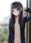  1girl arm_up bangs black_hair blunt_bangs blurry breasts brown_eyes buttons collarbone depth_of_field hairband kentaurosu long_hair long_sleeves looking_at_viewer matsuno_chiya navel open_clothes original pocket school_uniform silver_hairband solo unbuttoned 