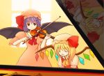  2girls ascot bat_wings blonde_hair closed_eyes collar dress eijima_moko flandre_scarlet hat hat_ribbon instrument light_particles multiple_girls music open_mouth piano pink_dress playing_instrument puffy_short_sleeves puffy_sleeves purple_hair red_vest remilia_scarlet ribbon shirt short_hair short_sleeves siblings side_ponytail sisters smile touhou violin white_shirt window wings 