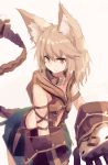  1girl animal_ears armband bangs brown_eyes cat_ears claw_(weapon) collar collarbone erun_(granblue_fantasy) granblue_fantasy grey_hair hair_between_eyes hizakozouzu long_hair no_eyebrows open_mouth sen_(granblue_fantasy) simple_background smile solo weapon white_background 