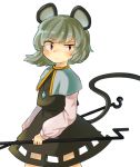  1girl :&lt; animal_ears capelet cocked_eyebrow dowsing_rod grey_hair long_sleeves looking_at_viewer mouse_ears mouse_tail nazrin raised_eyebrow red_eyes sasa_kichi short_hair skirt skirt_set solo tail touhou vest 
