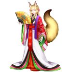  1 1girl animal_ears blonde_hair fan flower fox_ears fox_tail hair_flower hair_ornament highres holding japanese_clothes kimono long_hair long_sleeves looking_at_viewer red_eyes sidelocks simple_background smile solo tail youkai_hyakki-tan! 