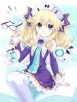 1girl blonde_hair blue_eyes book glasses glasses_removed hair_ornament hat highres histoire kagura_ittou long_hair looking_at_viewer neptune_(series) smile solo twintails wings 