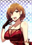  1girl bare_shoulders black_gloves breasts brown_hair caffein cleavage dress gloves looking_at_viewer meiko open_mouth short_hair smile solo vocaloid 