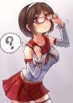  1girl ? adjusting_glasses bespectacled blush brown_eyes brown_hair delta_monster detached_sleeves glasses hairband kantai_collection natori_(kantai_collection) pleated_skirt red-framed_eyewear school_uniform serafuku short_hair skirt smile solo spoken_question_mark thigh-highs 