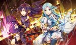  2girls asuna_(sao-alo) blue_eyes blue_hair breastplate brown_eyes detached_sleeves fingerless_gloves gabiran gloves hairband long_hair multiple_girls pointy_ears purple_hair rapier sheath sword sword_art_online thigh-highs torch weapon yuuki_(sao) zettai_ryouiki 