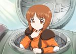  1girl brown_eyes brown_hair buckle crossover elbow_pads frown girls_und_panzer looking_at_viewer mecha nishizumi_miho open_cockpit pilot_suit scopedog short_hair shoulder_pads solo soukou_kihei_votoms throat_microphone ueyama_michirou uniform upper_body 