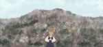  1girl bare_tree blonde_hair blush_stickers closed_eyes hair_ribbon hands_together hat hill long_sleeves moriya_suwako mountain outdoors ribbon skirt skirt_set sky solo touhou tree turtleneck vest yushika 