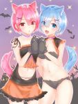  2girls alternate_costume animal_ears blue_eyes blue_hair breasts covered_mouth galette0141 grabbing hair_ornament halloween halloween_costume hat highres multiple_girls open_mouth ram_(re:zero) re:zero_kara_hajimeru_isekai_seikatsu red_eyes redhead rem_(re:zero) short_hair siblings sisters tail trick_or_treat twins wolf_tail x_hair_ornament 