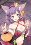  1girl \m/ animal_ears bare_shoulders bat_hair_ornament blush breasts cleavage collarbone commentary_request crown demon_girl demon_horns demon_tail demon_wings detached_sleeves fake_horns fang green_eyes hair_ornament hair_ribbon hairband halloween highres horns irone_(miyamiya38) jitome large_breasts looking_at_viewer mini_crown navel navel_cutout open_mouth original purple_hair ribbon solo tail wavy_hair wings 
