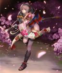  1girl armor bell black_hair breasts cherry_blossoms cleavage closed_mouth commentary_request floral_print flower full_body hair_bell hair_flower hair_ornament hair_ribbon highres holding holding_sword holding_weapon incoming_attack japanese_armor japanese_clothes katana kimono large_breasts leaning_forward long_hair long_sleeves looking_at_viewer luoxuan_jingjie_xian mole mole_under_eye obi official_art original outdoors pink_eyes ponytail red_ribbon ribbon sandals sash shin_guards sidelocks smile solo sword thigh-highs very_long_hair weapon weiyinji_xsk white_legwear wide_sleeves 