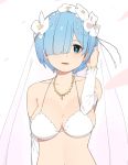  1girl bare_shoulders blue_eyes blue_hair blush bra breasts bridal_veil cherry_blossoms cleavage collarbone detached_sleeves flower hair_flower hair_ornament hair_over_one_eye hair_ribbon hand_in_hair highres jewelry looking_at_viewer medium_breasts midriff necklace open_mouth re:zero_kara_hajimeru_isekai_seikatsu rem_(re:zero) ribbon sente short_hair solo underwear upper_body veil white_bra 