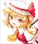  1girl :d ascot blonde_hair dated fang flandre_scarlet jaebau looking_at_viewer open_mouth puffy_sleeves red_eyes short_hair short_sleeves side_ponytail simple_background smile solo touhou white_background wings 