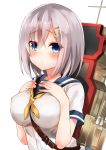  1girl amamitsu_kousuke blue_eyes blush breast_suppress breasts closed_mouth commentary_request hair_ornament hairclip hamakaze_(kantai_collection) kantai_collection large_breasts looking_at_viewer machinery neckerchief school_uniform serafuku short_hair silver_hair solo upper_body white_background 