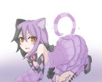  1girl absurdres all_fours animal_ears argyle bare_shoulders bell black_hair bow bowtie brown_eyes cat_ears cat_tail cheshire_cat_(monster_girl_encyclopedia) child crawling dress gradient gradient_background hair_bow highres jingle_bell long_hair looking_at_viewer monster_girl monster_girl_encyclopedia multicolored_hair open_mouth purple_dress purple_hair solo striped_tail tail two-tone_hair younger 