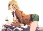  1girl america_(hetalia) axis_powers_hetalia blonde_hair blue_eyes bomber_jacket breasts cleavage curly_hair dashi_(minzoku_gb) female genderswap genderswap_(mtf) ground_vehicle hair_ornament hairclip jacket jewelry lipstick looking_at_viewer makeup motor_vehicle motorcycle necklace short_hair short_shorts shorts smile solo 