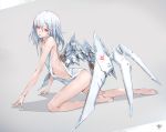  1girl bare_arms bare_legs bare_shoulders barefoot breasts from_side full_body kneeling long_hair looking_at_viewer looking_to_the_side mecha_musume mechanical_legs multicolored_hair original red_eyes redhead shirt silver_hair small_breasts solo streaked_hair tank_top white_shirt yucca-612 