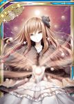  1girl akkijin brown_hair card dress flower hair_flower hair_ornament night night_sky orb shinkai_no_valkyrie shiny sky solo white_dress 