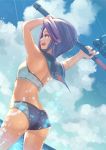  1girl bikini fishing_rod purple_hair ryouku short_hair solo summon_night summon_night_2 swimsuit toris violet_eyes water 