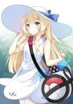  1girl :o bag bangs bare_arms blonde_hair blue_bow blue_ribbon blunt_bangs blush bokken bow braid breasts cosmog cowboy_shot dress eyebrows eyebrows_visible_through_hair eyelashes green_eyes hand_on_headwear hat hat_bow hat_ribbon kaetzchen lillie_(pokemon) long_hair looking_at_viewer parted_lips pokemon pokemon_(creature) pokemon_(game) pokemon_sm ribbon sleeveless sleeveless_dress small_breasts sun_hat sword twin_braids weapon white_dress white_hat wooden_sword 